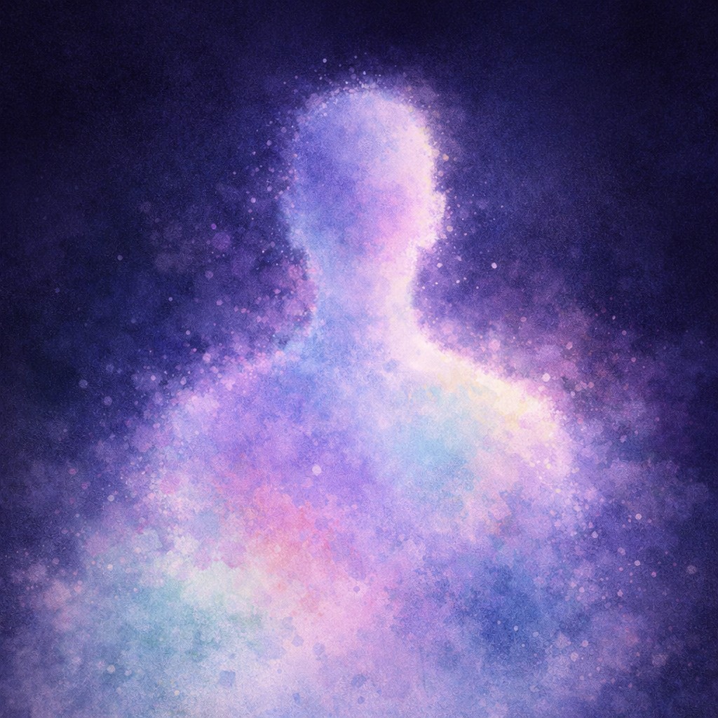 Human figure emerging from light and particles